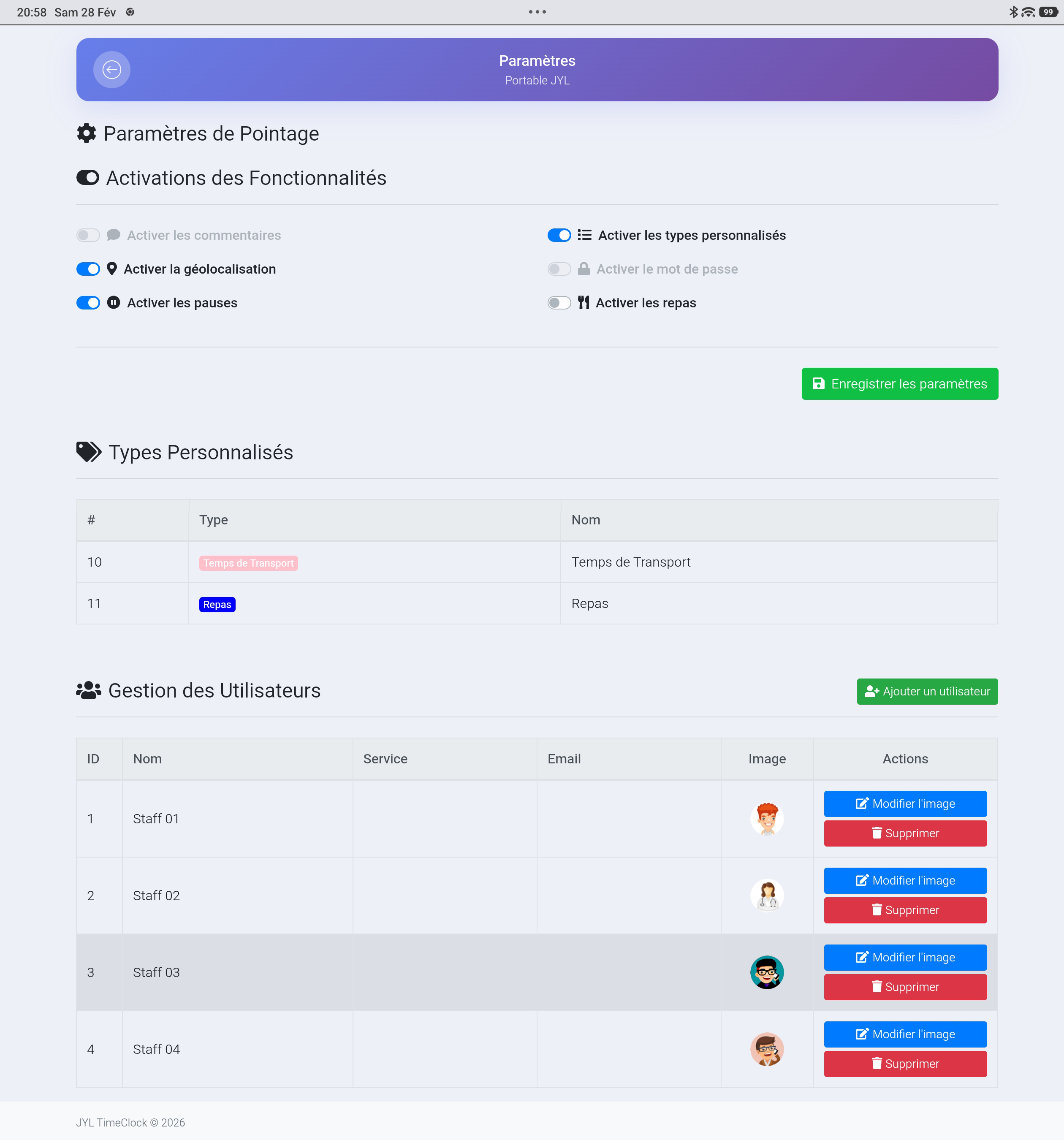 JYL TimeClock Connect — configuration avancée